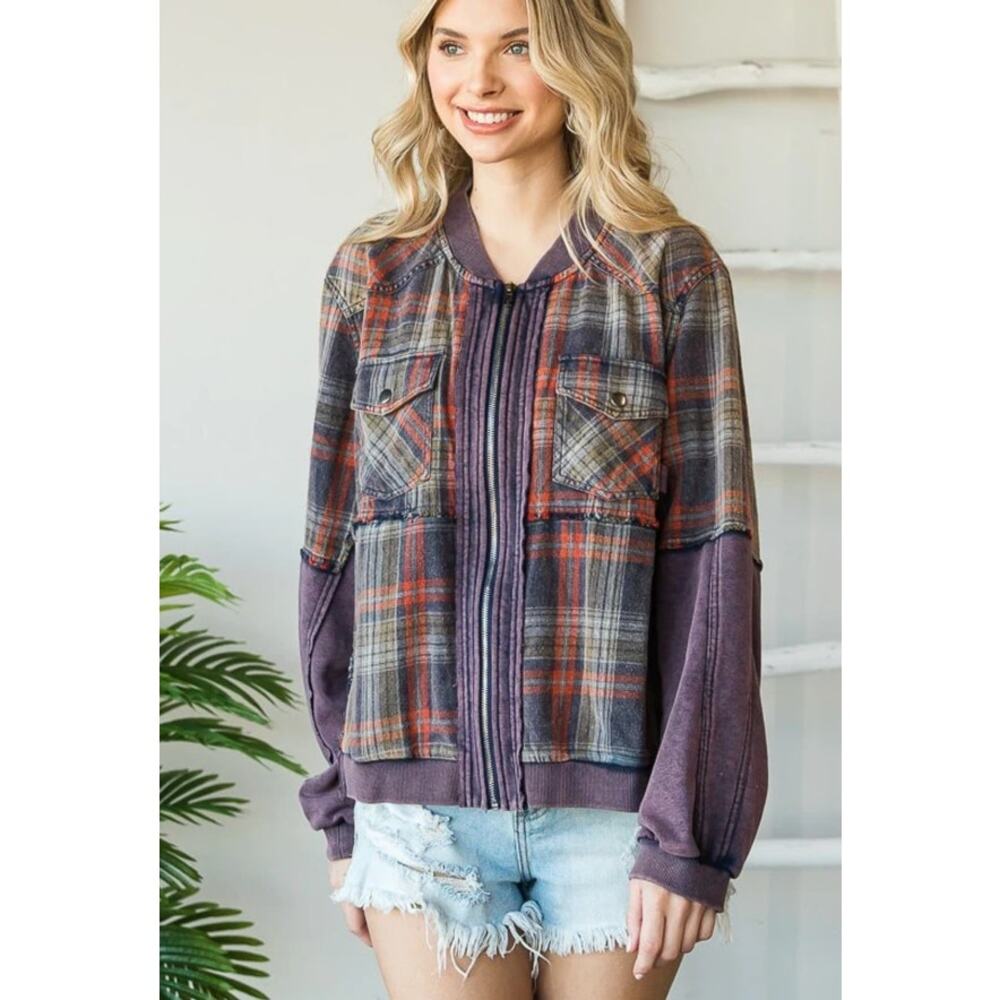 Oli & Hali Plaid Blue Bomber Jacket Small Full Zip Mixed Media Shacket